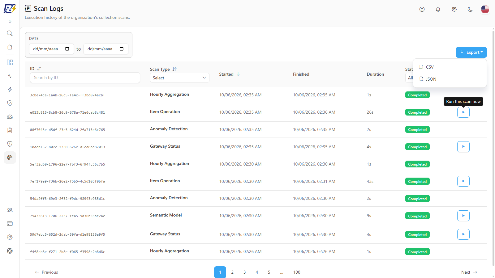 Export menu open with the CSV and JSON options