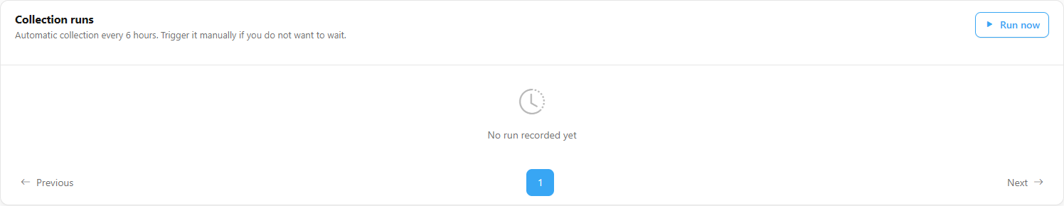 Collection runs card with the Run now and Pause buttons and the runs table