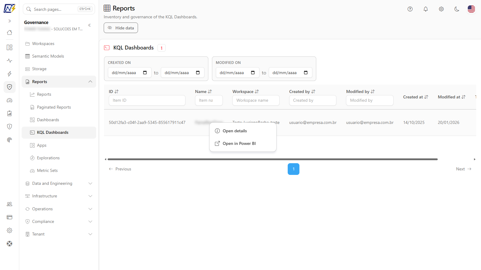 Actions menu of a KQL Dashboard with the Open details and Open in Power BI options
