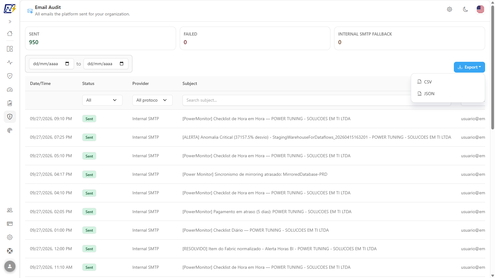 Export menu open with CSV and JSON