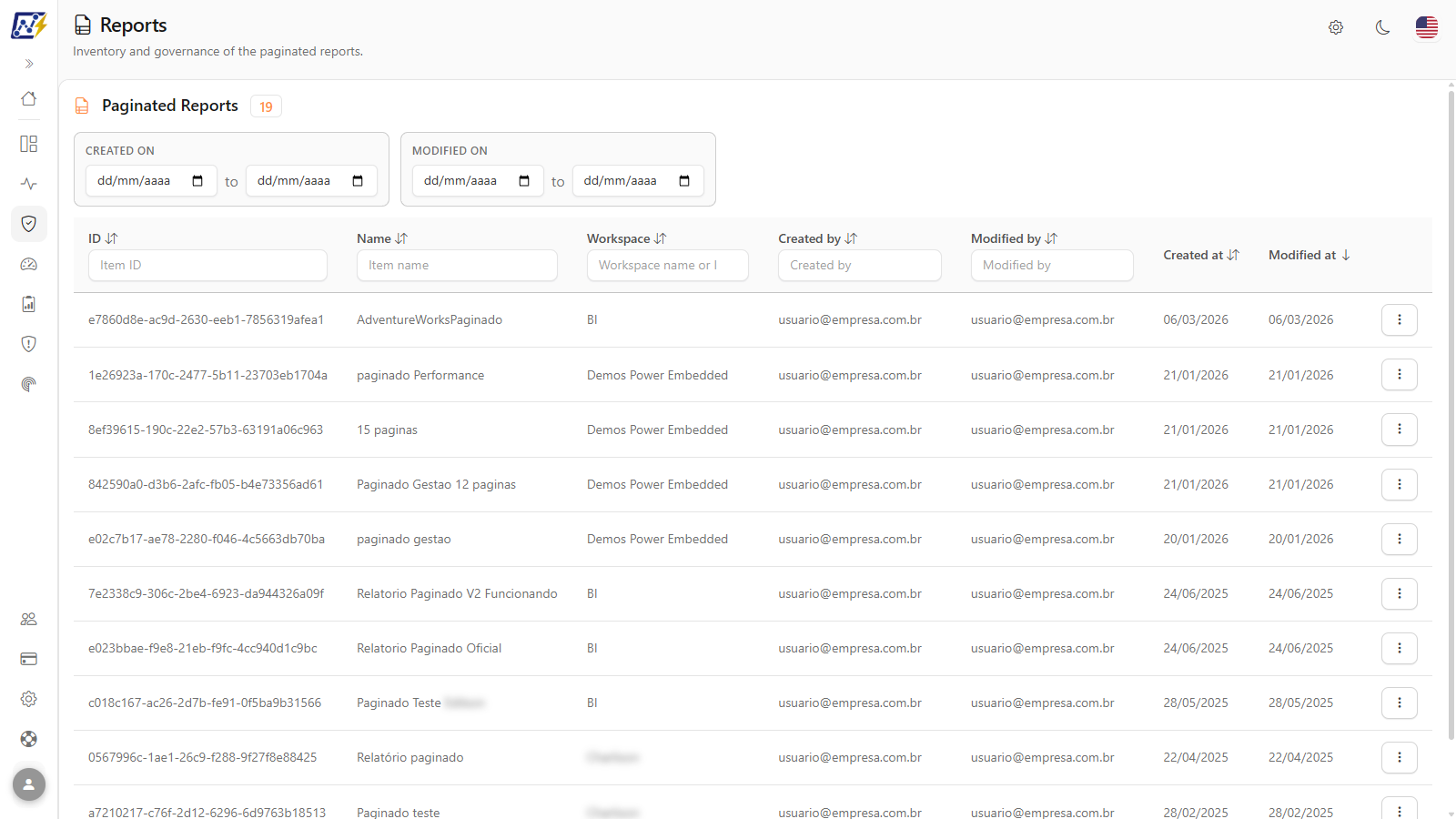 Paginated Reports screen with date filters and the reports table
