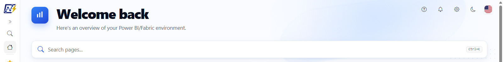 Top of the Home page with the Welcome back greeting and the help, what's new, settings, theme, and language controls