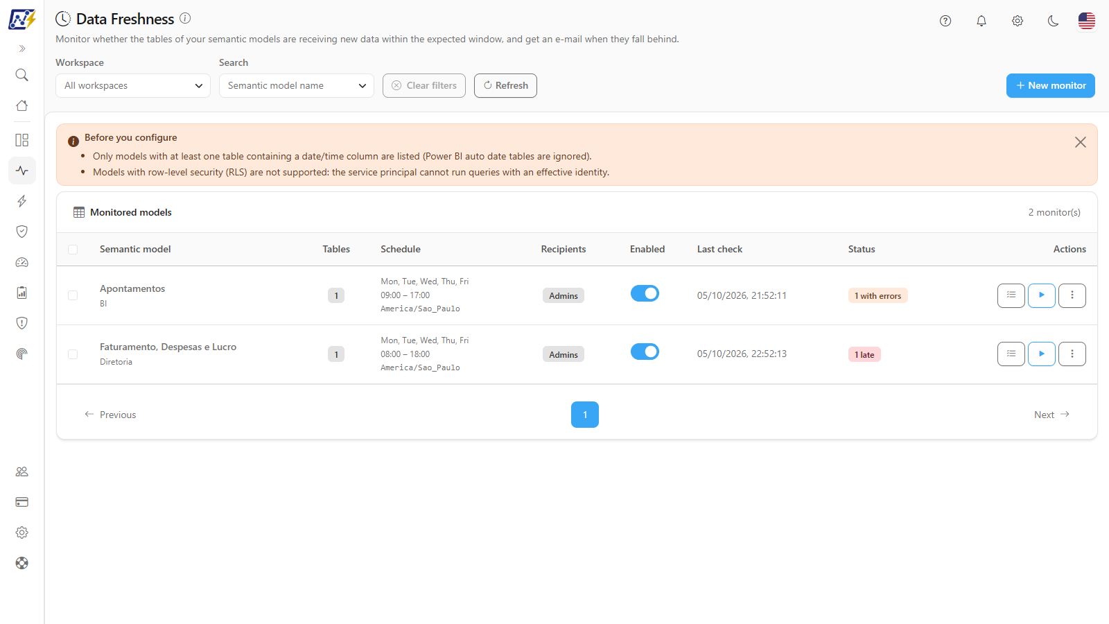 Data Freshness screen with the monitored models and the status of each table