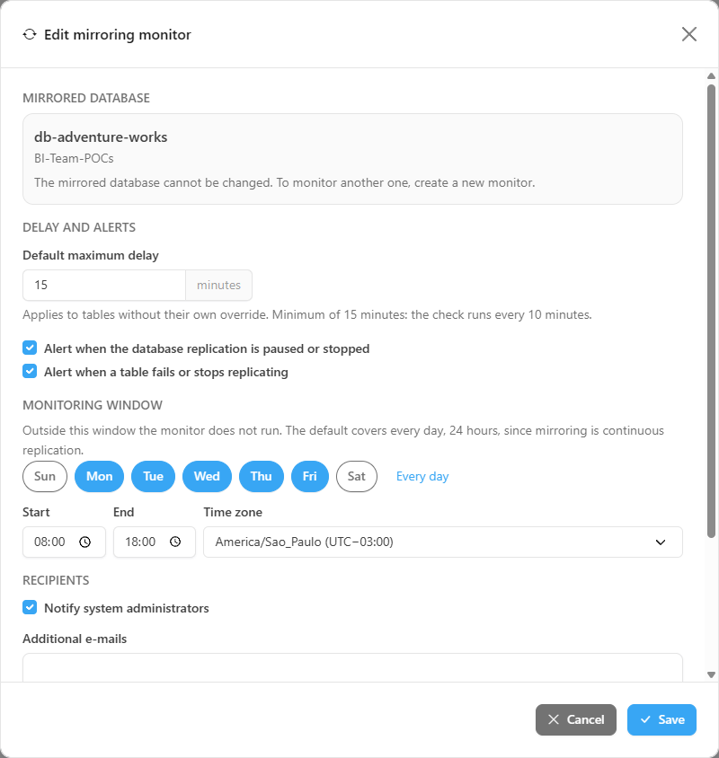 Edit mirroring monitor modal with the fixed database and the Monitor enabled toggle