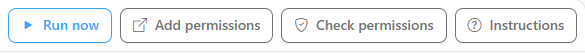 Domains screen action bar with Run now, Add permissions, Check permissions and Instructions
