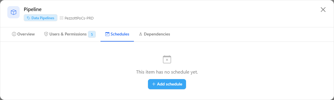 Schedules tab of the modal of a Data Pipeline
