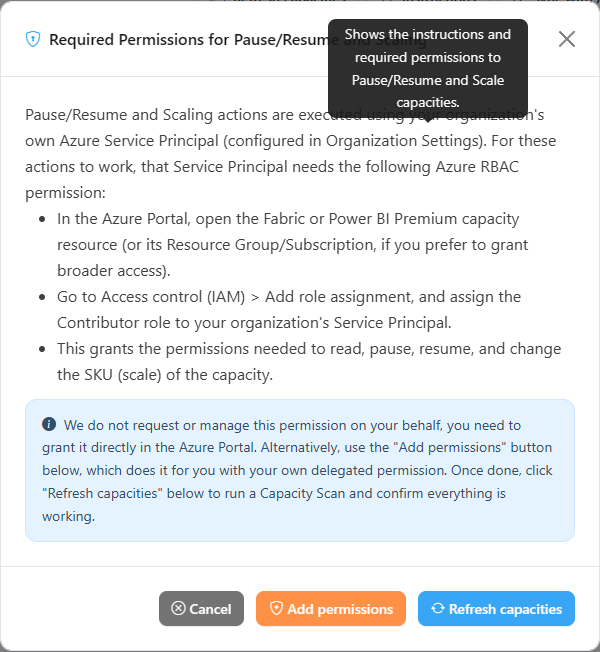 Required Permissions for Pause/Resume and Size Change modal