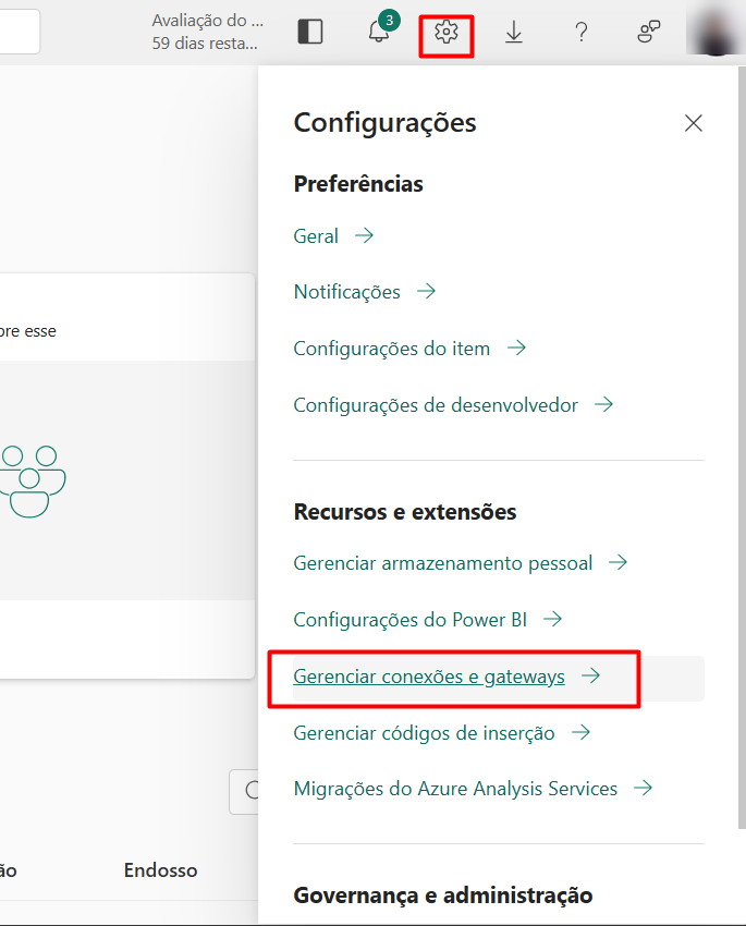 Power BI settings menu with the Manage connections and gateways option