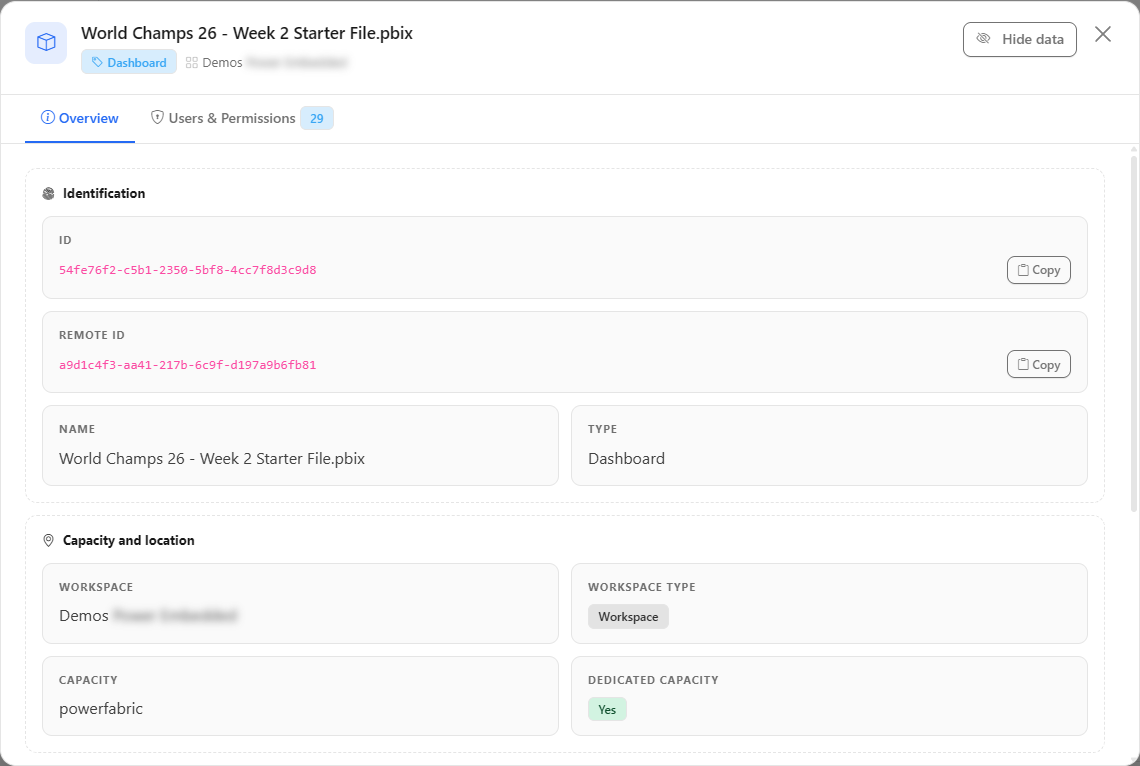 Details modal of a dashboard on the Overview tab