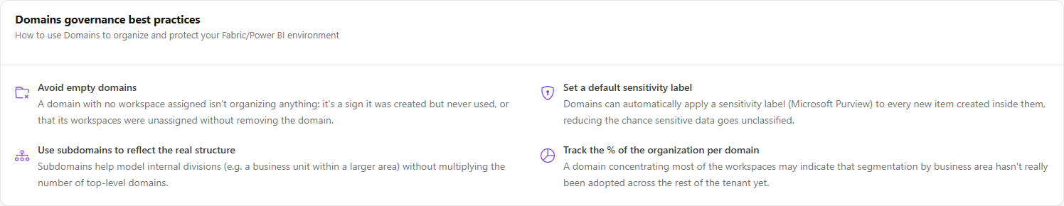 Domains governance best practices card with four recommendations