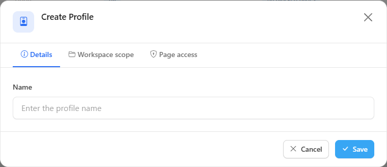 Create Profile modal on the Details tab with the Name field
