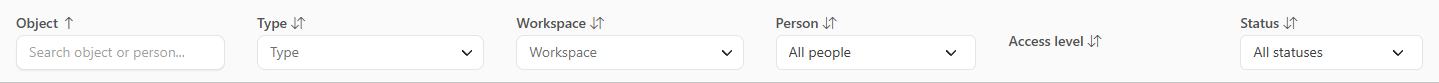 Table header with the search by object or person and the Type, Workspace, Person, and Status filters