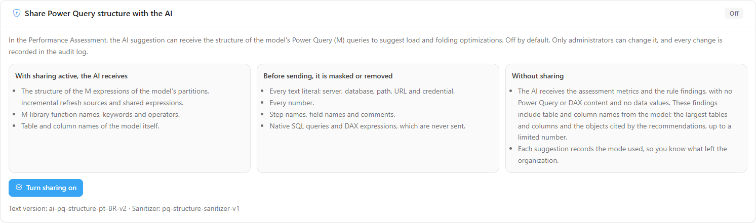 Share Power Query structure with the AI card with the status and the three boxes describing what is sent