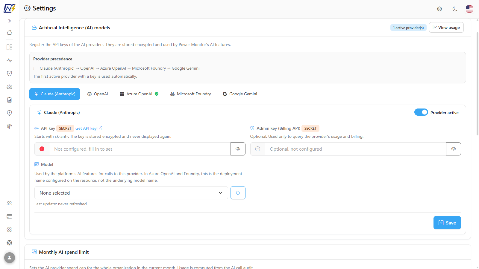 AI provider form with API key, endpoint and model