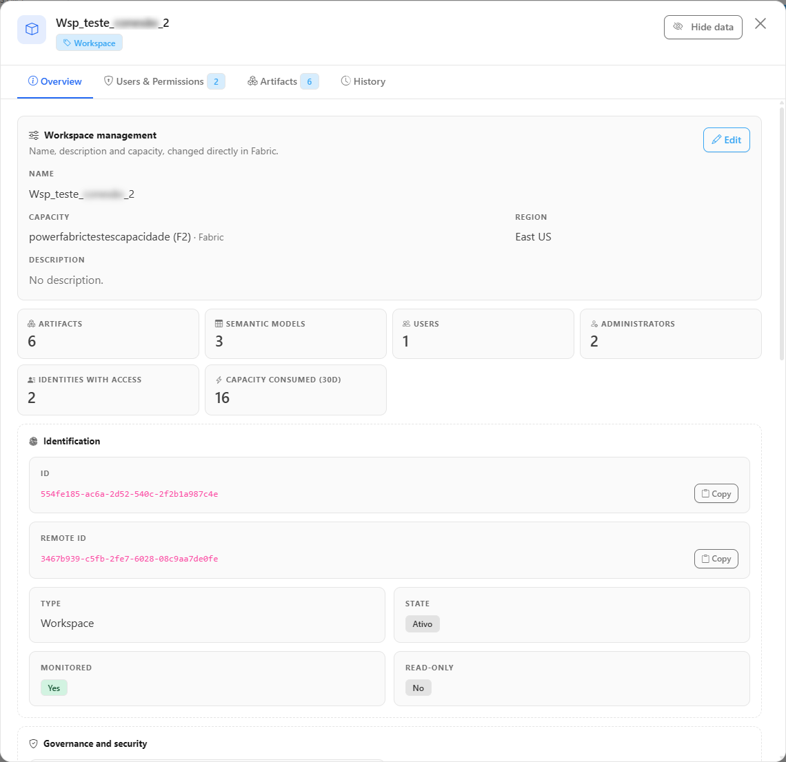 Workspace details modal, Overview tab, with the Workspace management card, the property sections and the deviation monitoring switch
