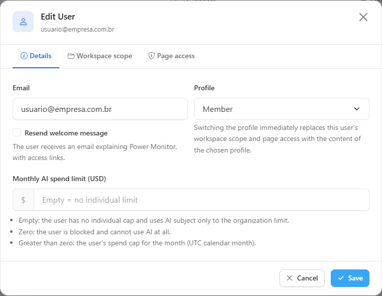 Edit User modal on the Details tab