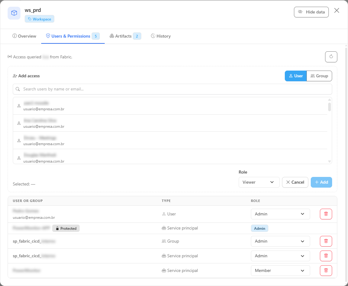 Add access form with the User or Group selector, the directory search, the result list and the role to grant