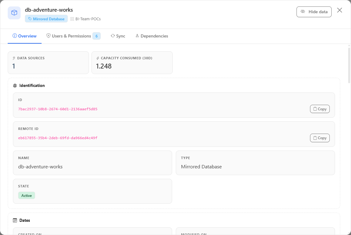 Details modal of a mirrored database on the Overview tab