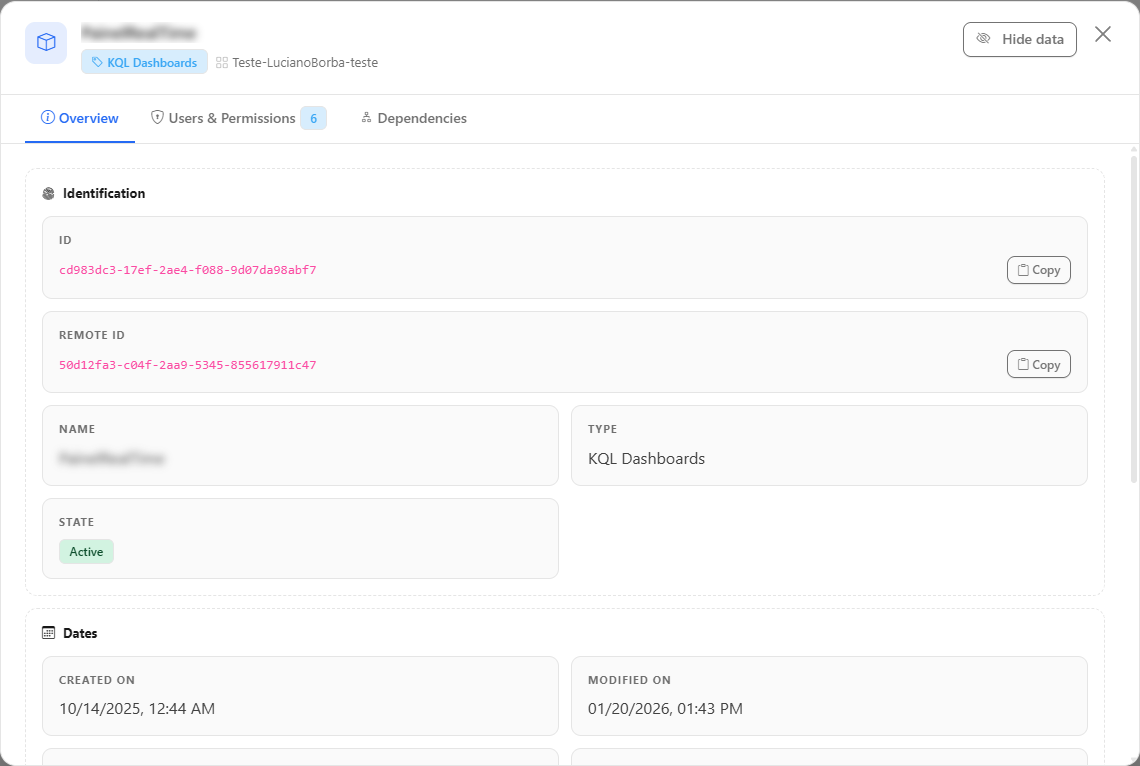 Details modal of a KQL Dashboard on the Overview tab, with the Identification, Dates and Capacity and location sections