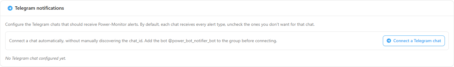 Telegram notifications section with the Connect a Telegram chat button and the list of chats