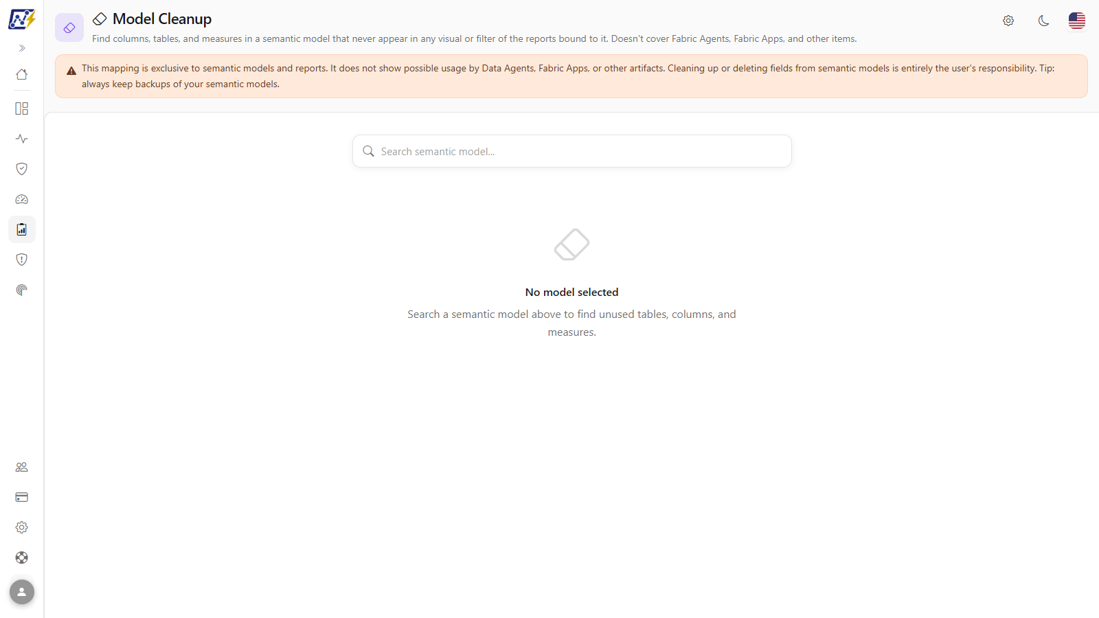 Model Cleanup with the Unused tab open for a semantic model