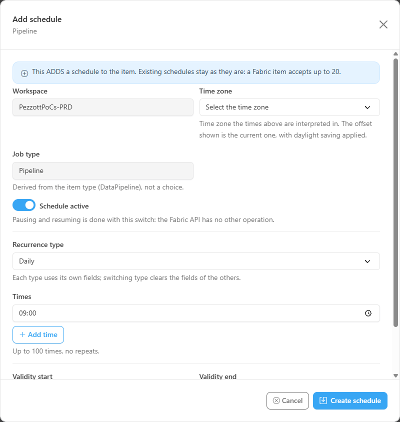 Add schedule form opened from the Schedules tab of an item