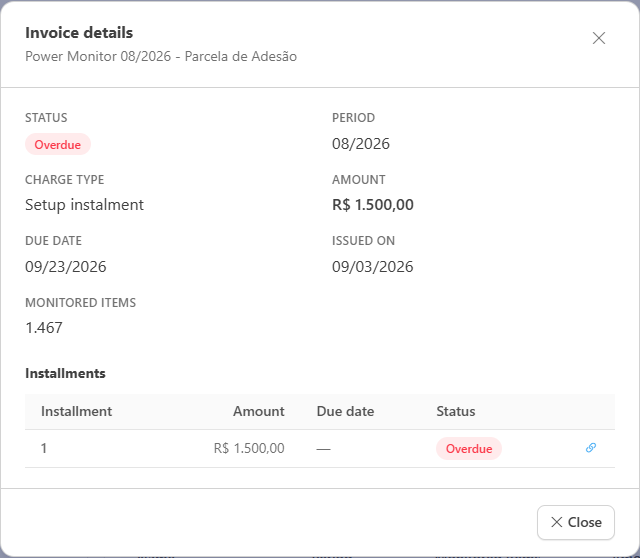 Invoice details modal with installments and links