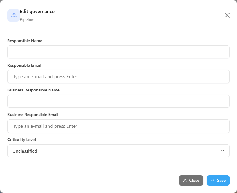 Edit governance modal of a Data Pipeline with owners and criticality level