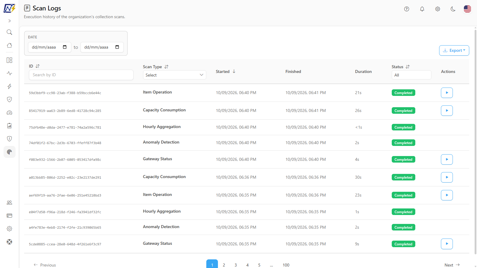Scan Logs screen with filters by ID, type and status and the runs table