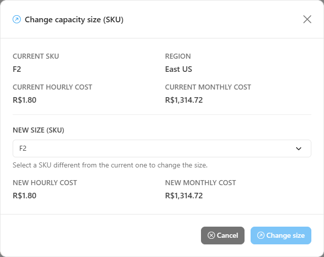 Change capacity size (SKU) modal with the current SKU and the current cost