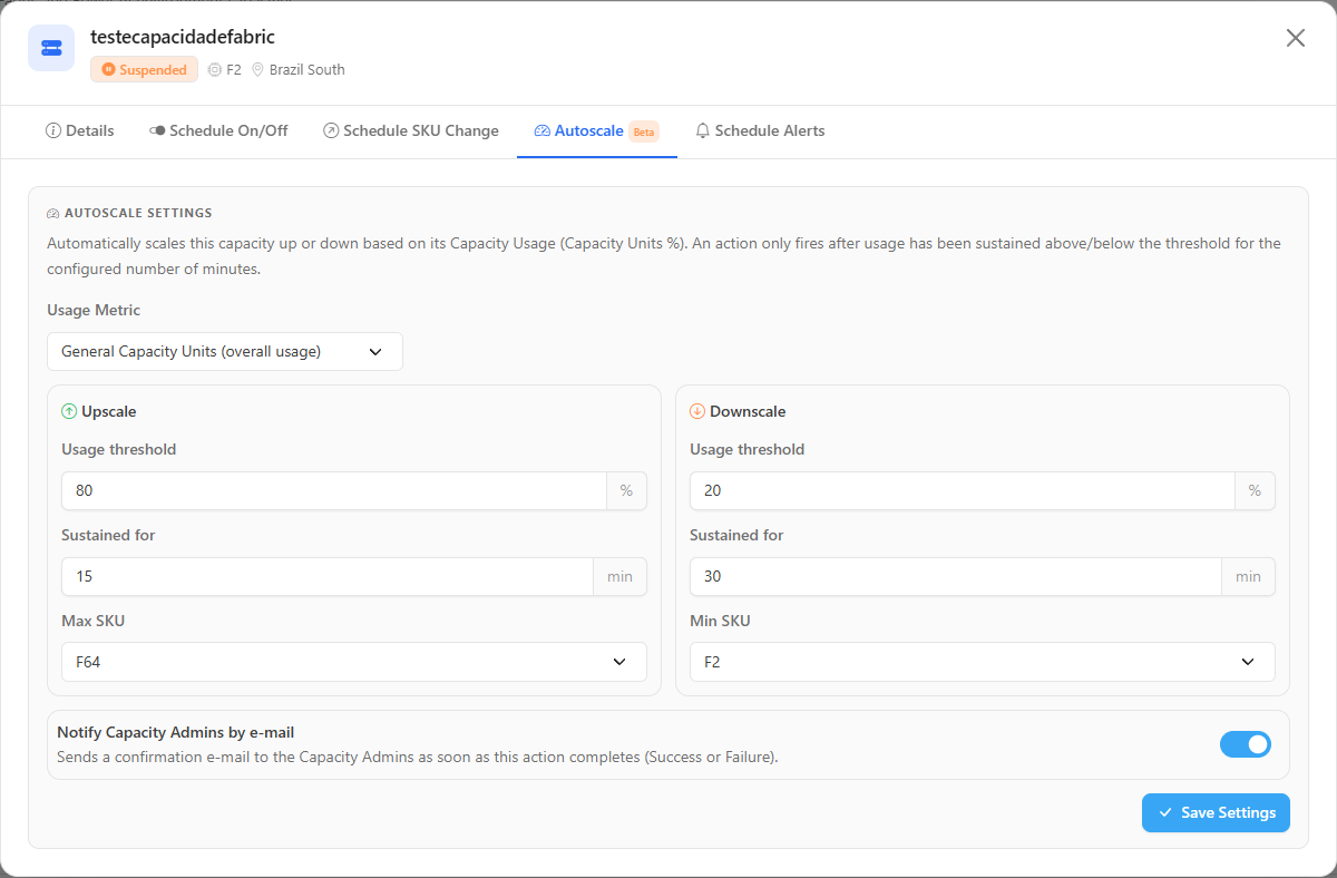 Autoscale tab with the Upscale and Downscale thresholds