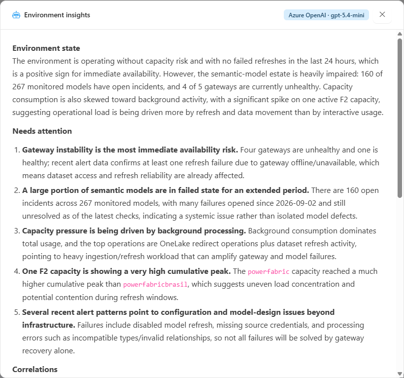 Environment insights modal with the AI-generated analysis