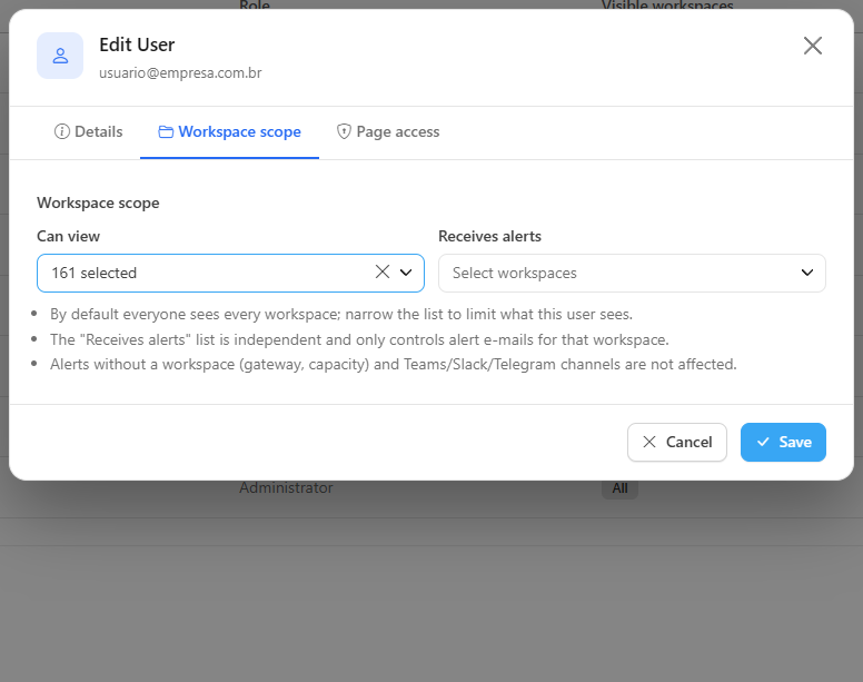 Can view list open, with search and checkboxes for each workspace