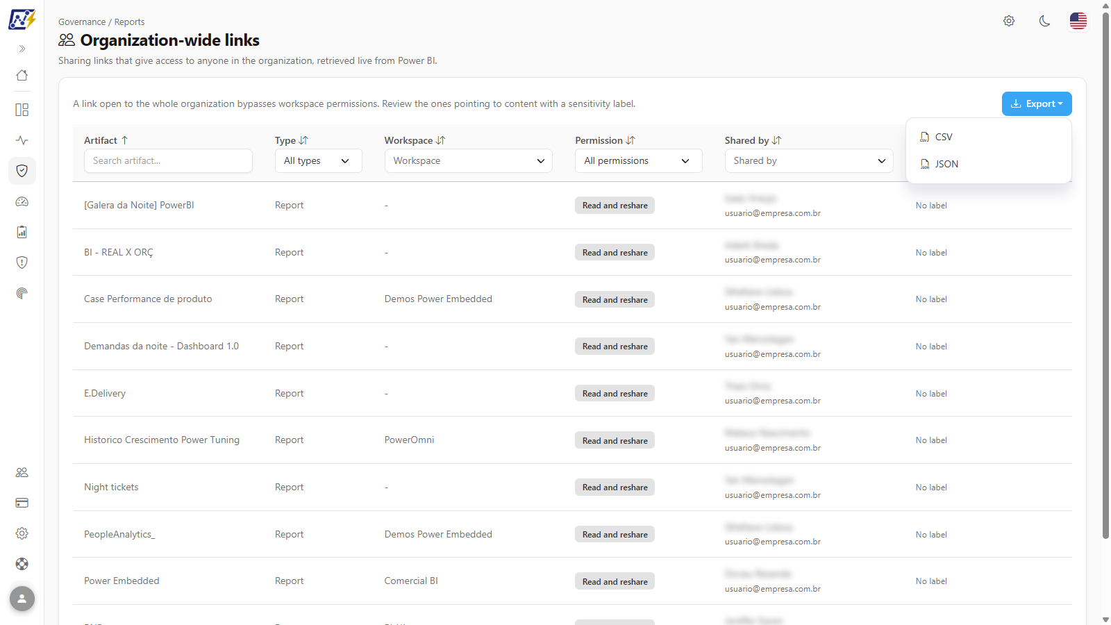 Export menu open with the CSV and JSON options