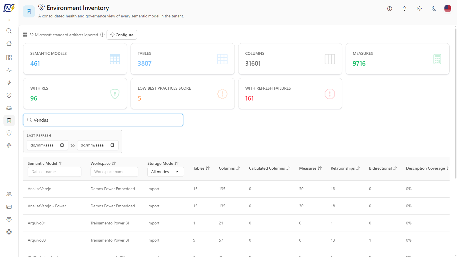Environment Inventory table filtered by the general search