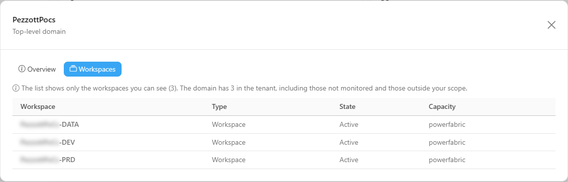 Details modal of a domain with the Workspaces in the tenant, % of the organization, Subdomains and Last collection indicators and the Workspaces tab