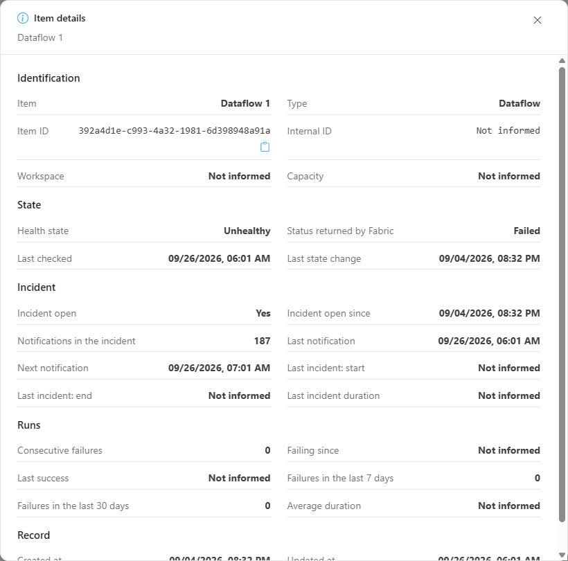 Item details modal with the Identification, State, Incident, Runs, and Record sections