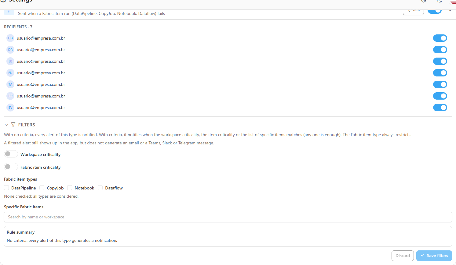 Filters panel of the Fabric Item Failed alert with criticality, item types, specific items and rule summary