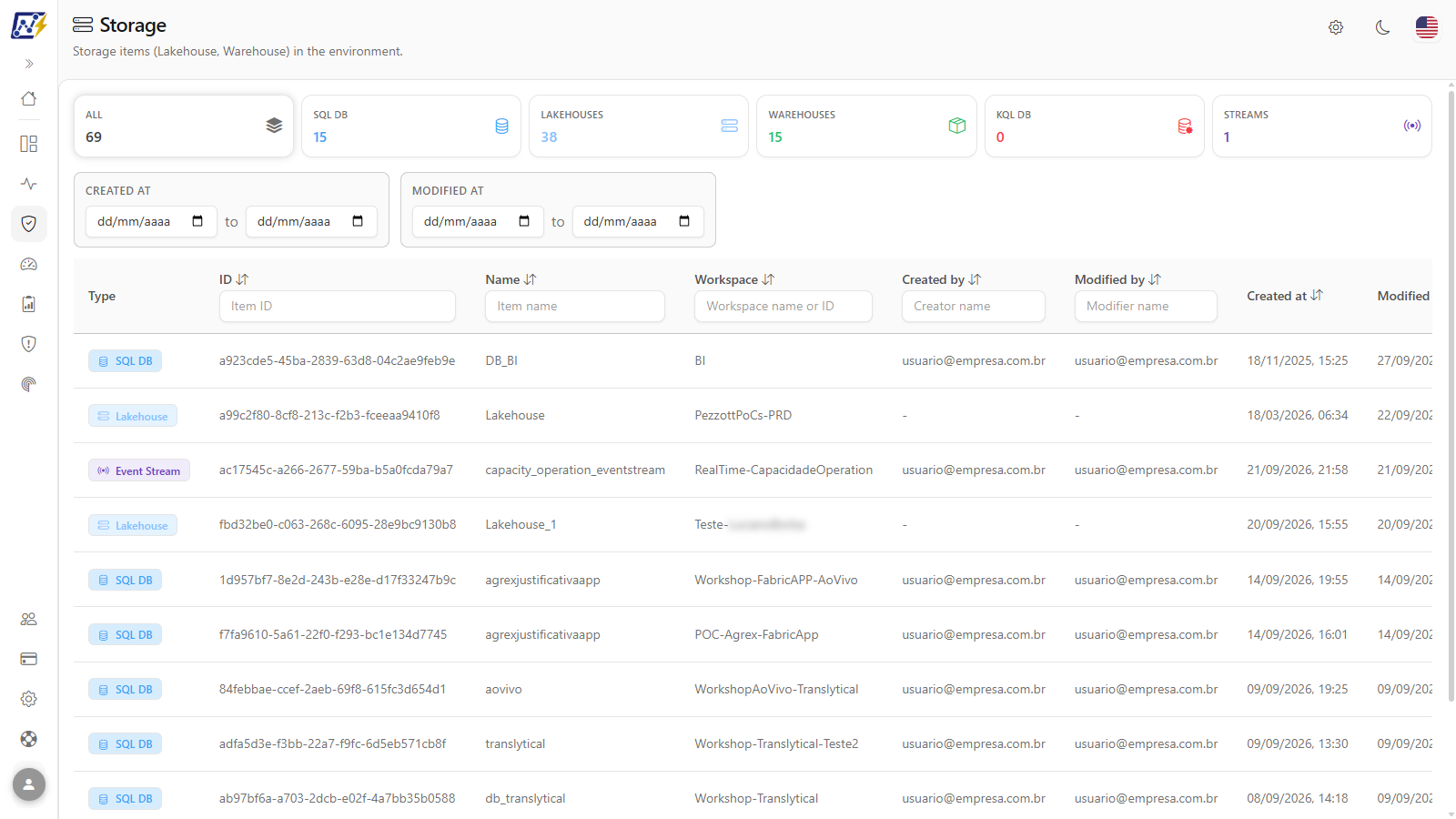 Storage screen with the cards by type and the unified item table