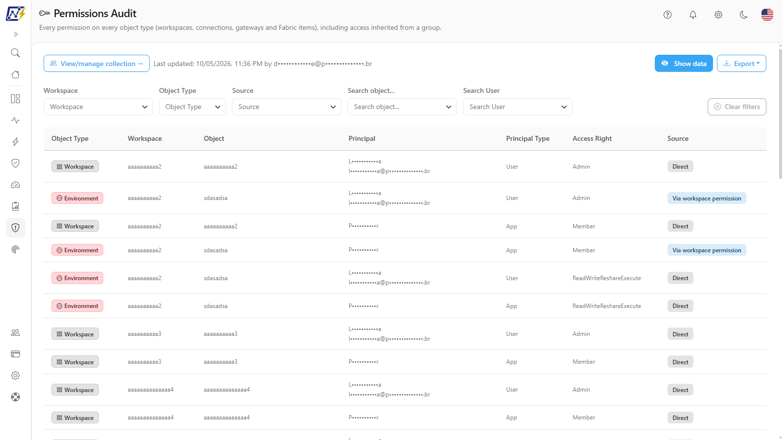 Hide data button in the header of an audit screen, with the e-mails masked in the table