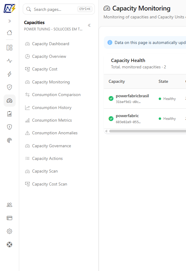 Capacities domain open in the side menu with the list of screens