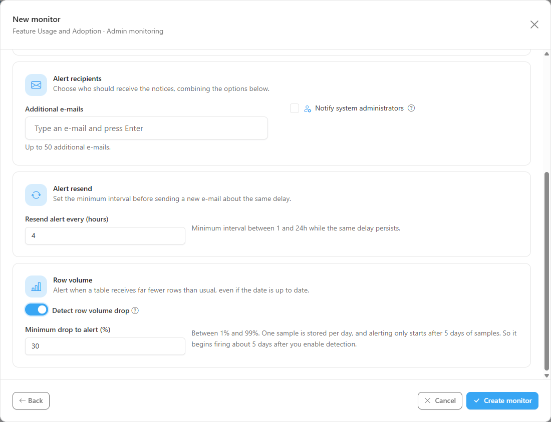 Monitor wizard with the schedule and the row count check
