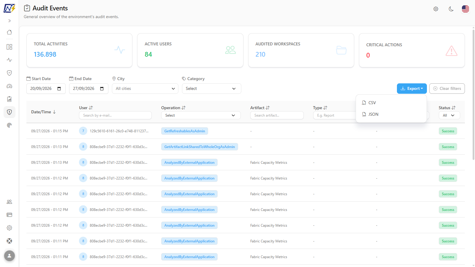 Export menu open with CSV and JSON