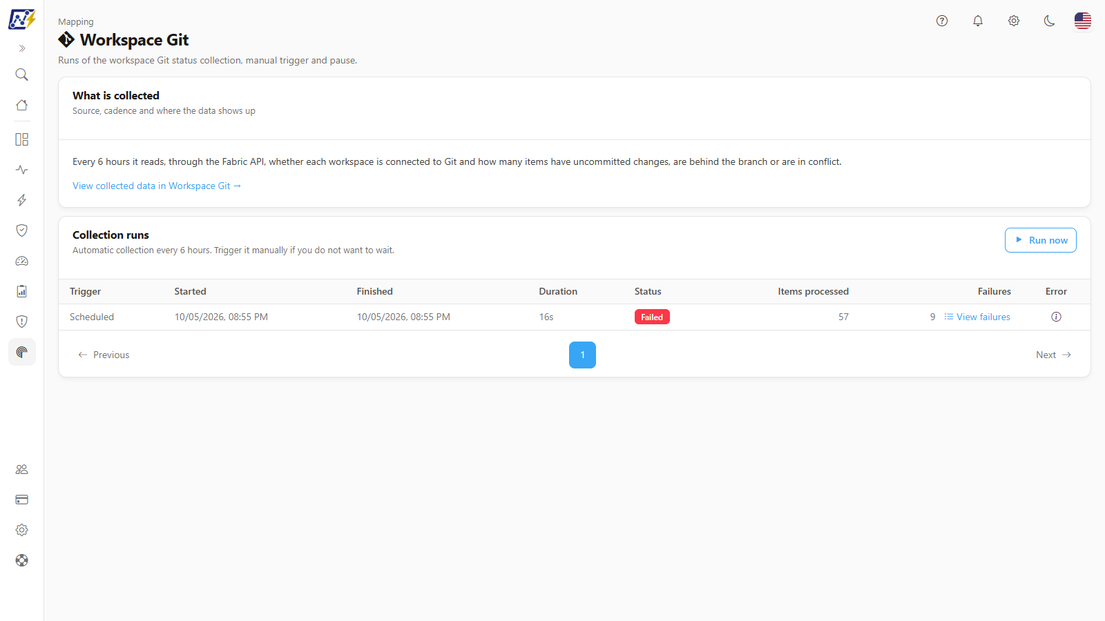Workspace Git screen with the What is collected card and the Collection runs card with the run history