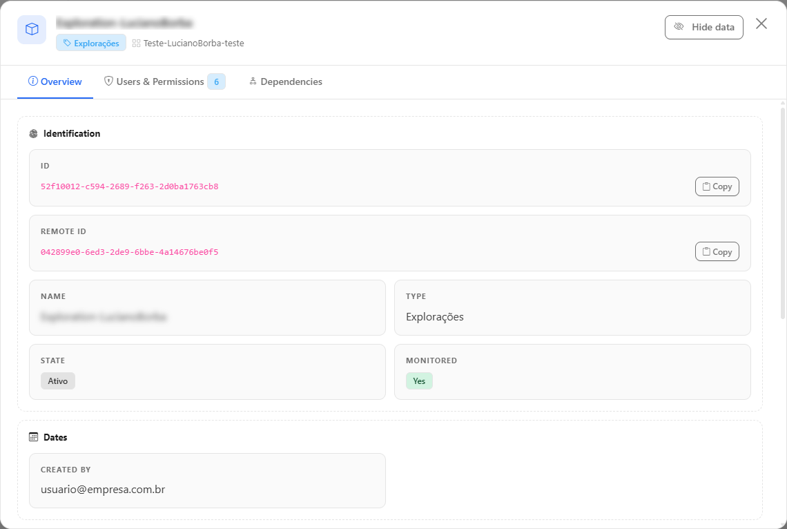 Details modal of an exploration on the Overview tab