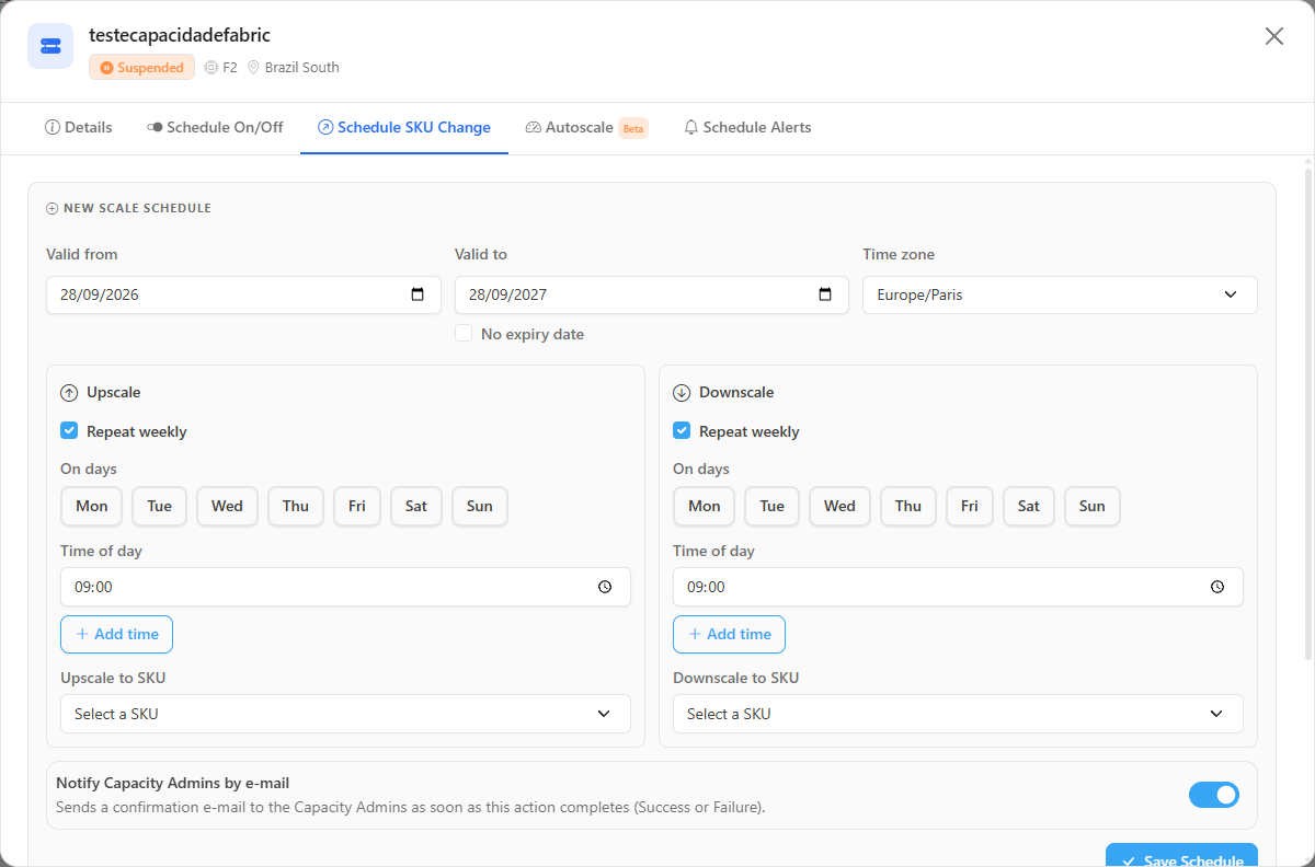 Schedule SKU Change tab with the Upscale and Downscale blocks