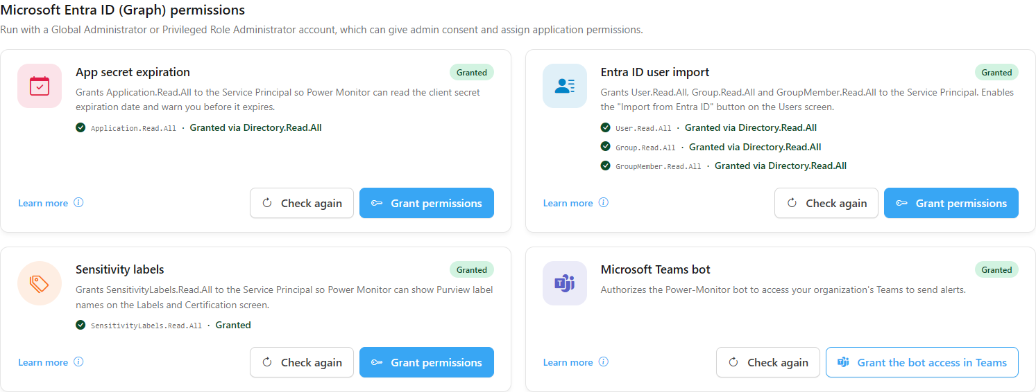 Microsoft Entra ID permissions group with the Graph permission cards and the Teams bot card