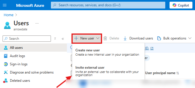 Invite external user option in the Azure portal