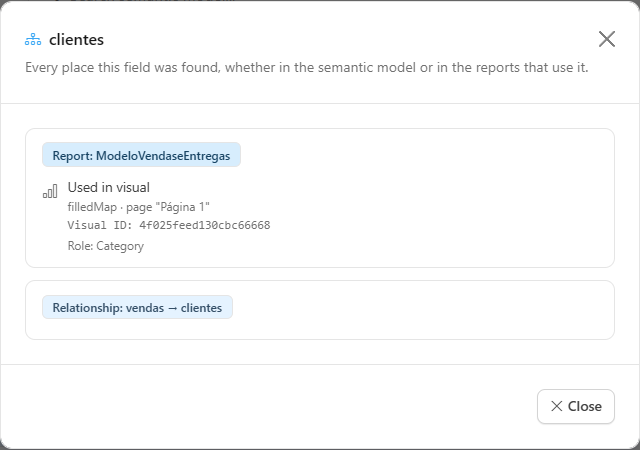 Usage detail modal of a field, with location, visual, page, visual ID, and role