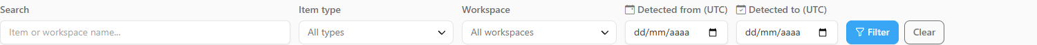 Filter bar with Search, Item type, Workspace, detection period and the Filter and Clear buttons
